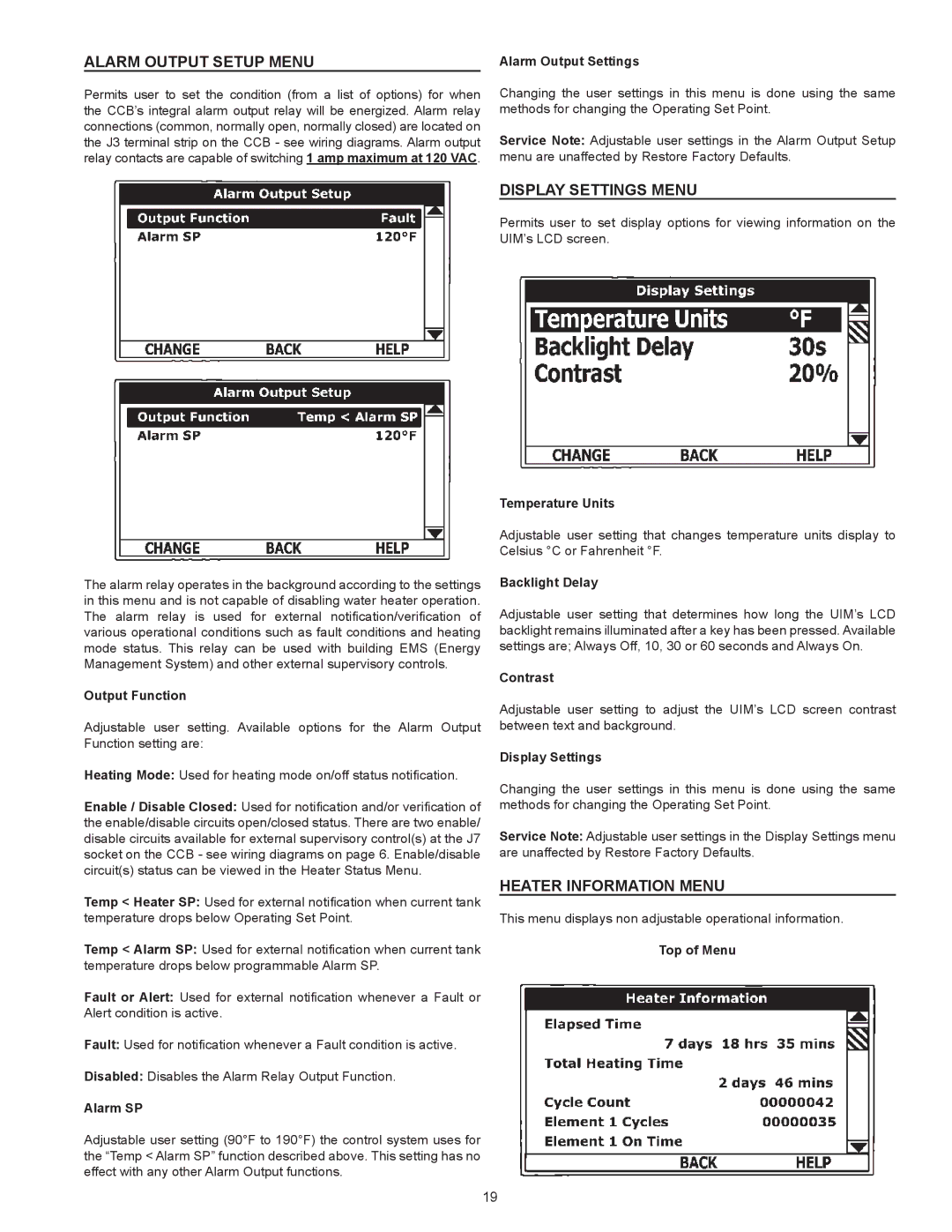 State Industries SEV-150 THRU SEV-10000 Alarm Output Setup Menu, Display Settings Menu, Heater Information Menu 