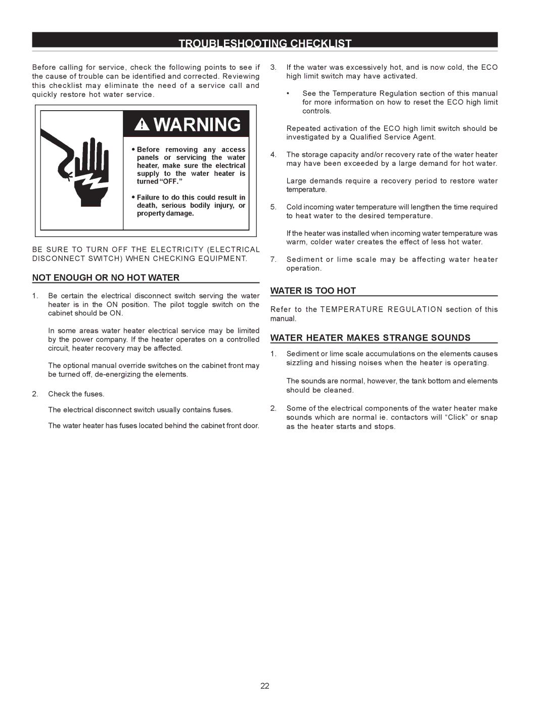 State Industries SEH-200 THRU SEH-10000 Troubleshooting Checklist, Not Enough or No Hot Water, Water Is Too Hot 