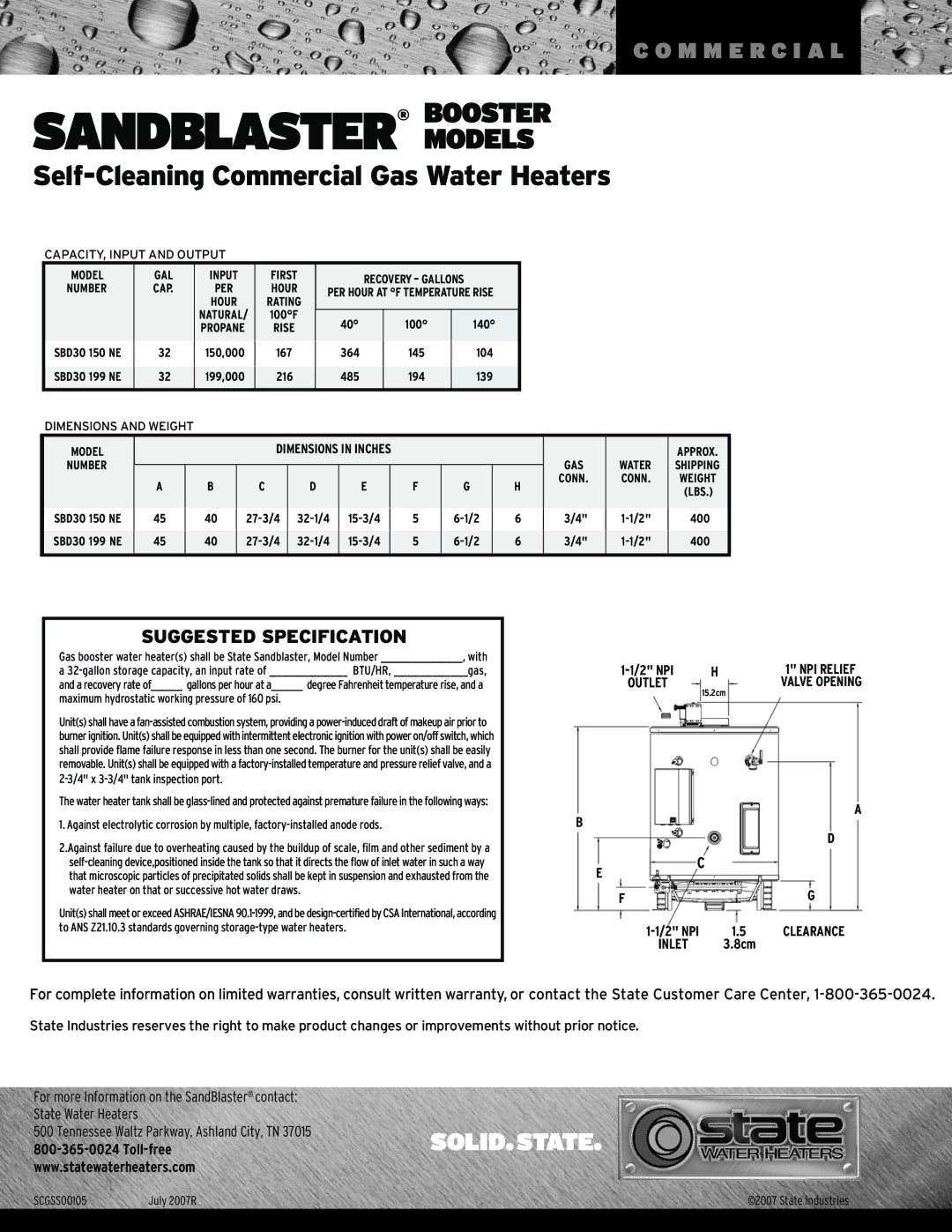 State Industries Self-Cleaning Commercial Gas Water Heaters manual Suggested Specification 