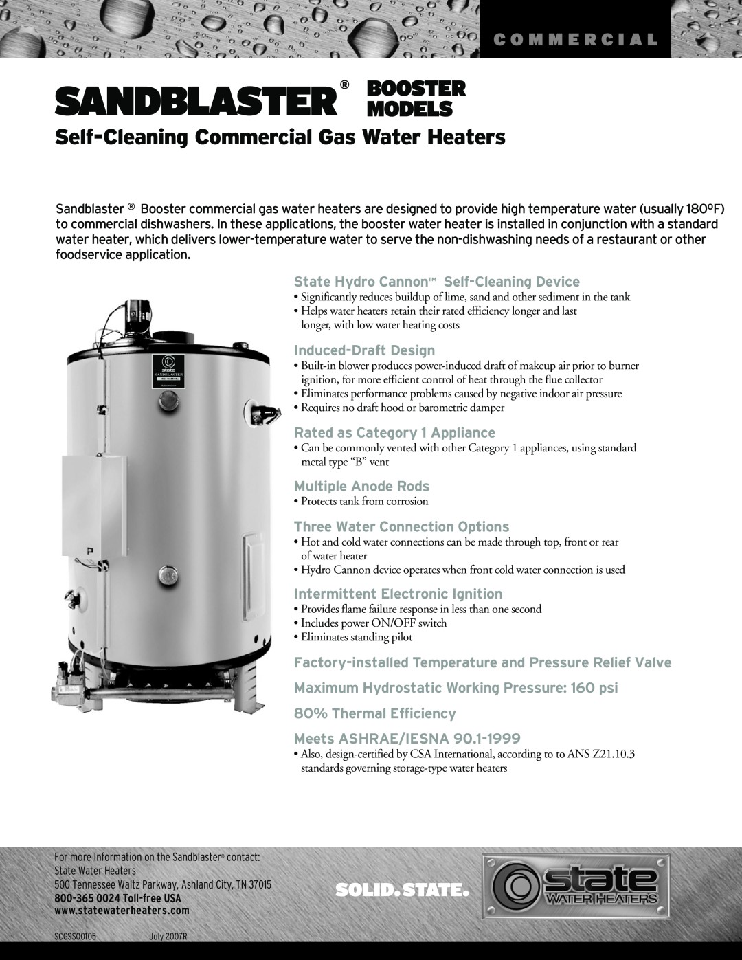 State Industries Self-Cleaning Commercial Gas Water Heaters manual Sandblaster Models, Booster, C O M M E R C I A L 