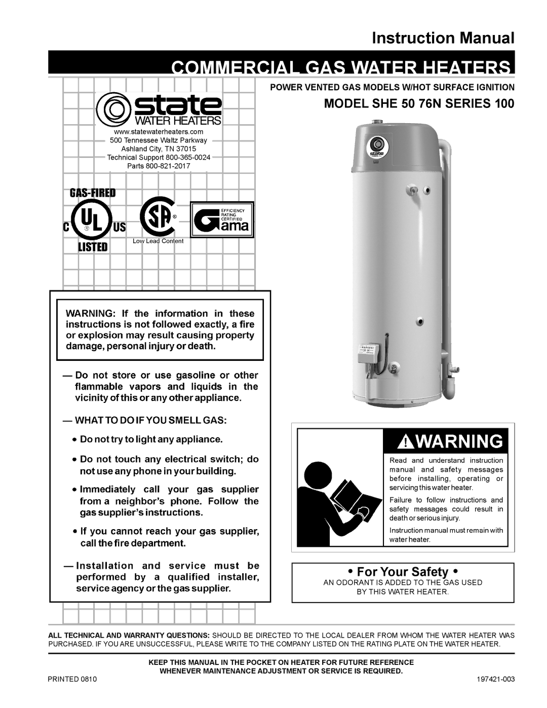 State Industries SHE 50 76N instruction manual Power Vented GAS Models W/HOT Surface Ignition, Printed, 197421-003 