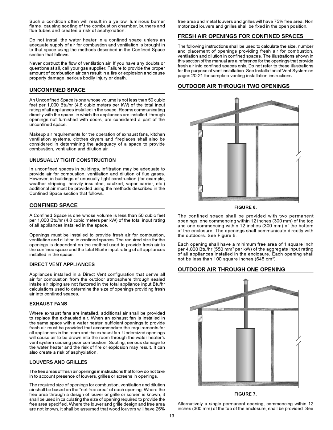 State Industries SHE 50 76N Unconfined Space, Fresh Air Openings For Confined Spaces, Outdoor Air Through Two Openings 