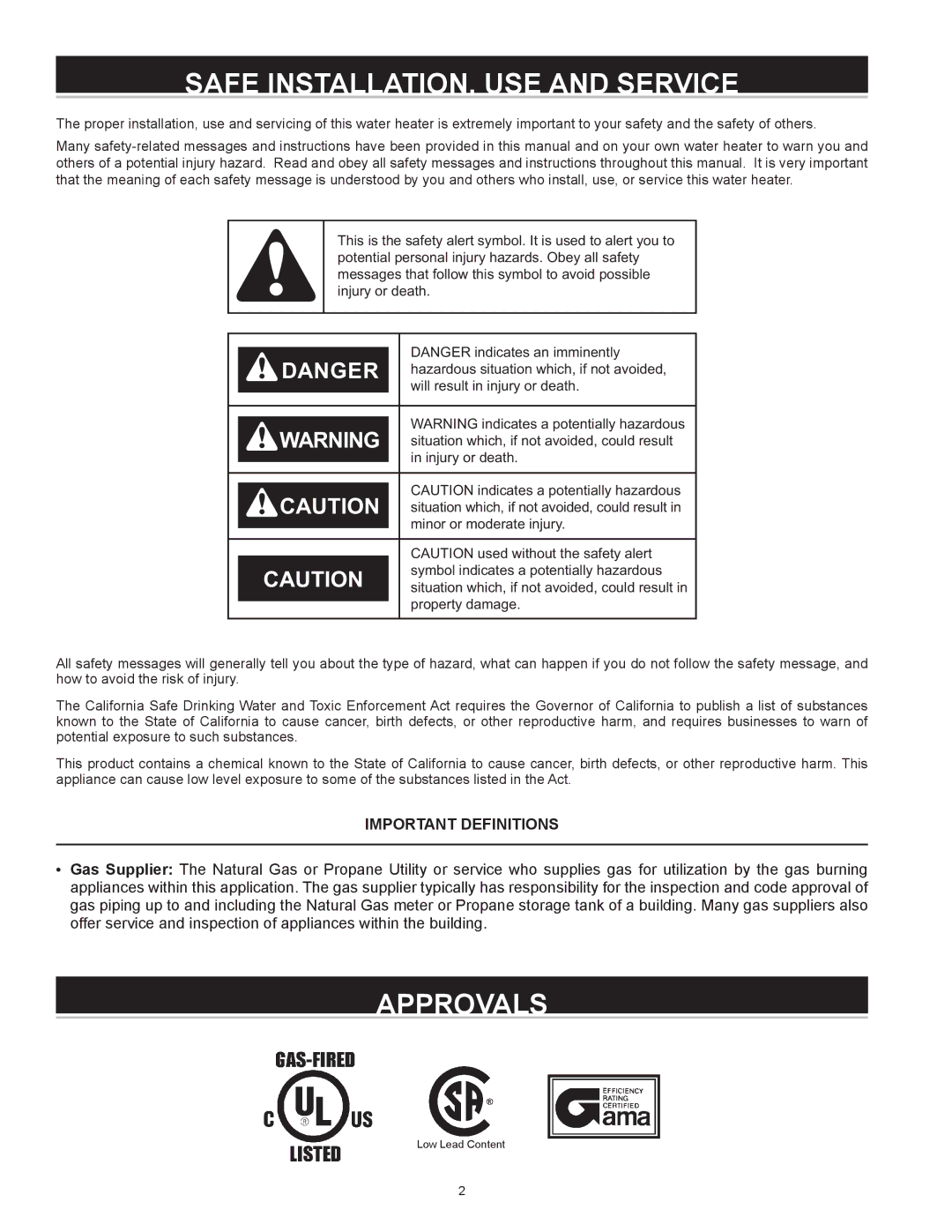 State Industries SHE 50 76N instruction manual Safe INSTALLATION, USE and Service, Approvals, Important Definitions 