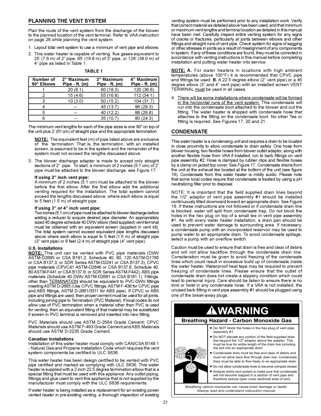 State Industries SHE 50 76N instruction manual Planning the Vent System, Condensate, Breathing Hazard Carbon Monoxide Gas 