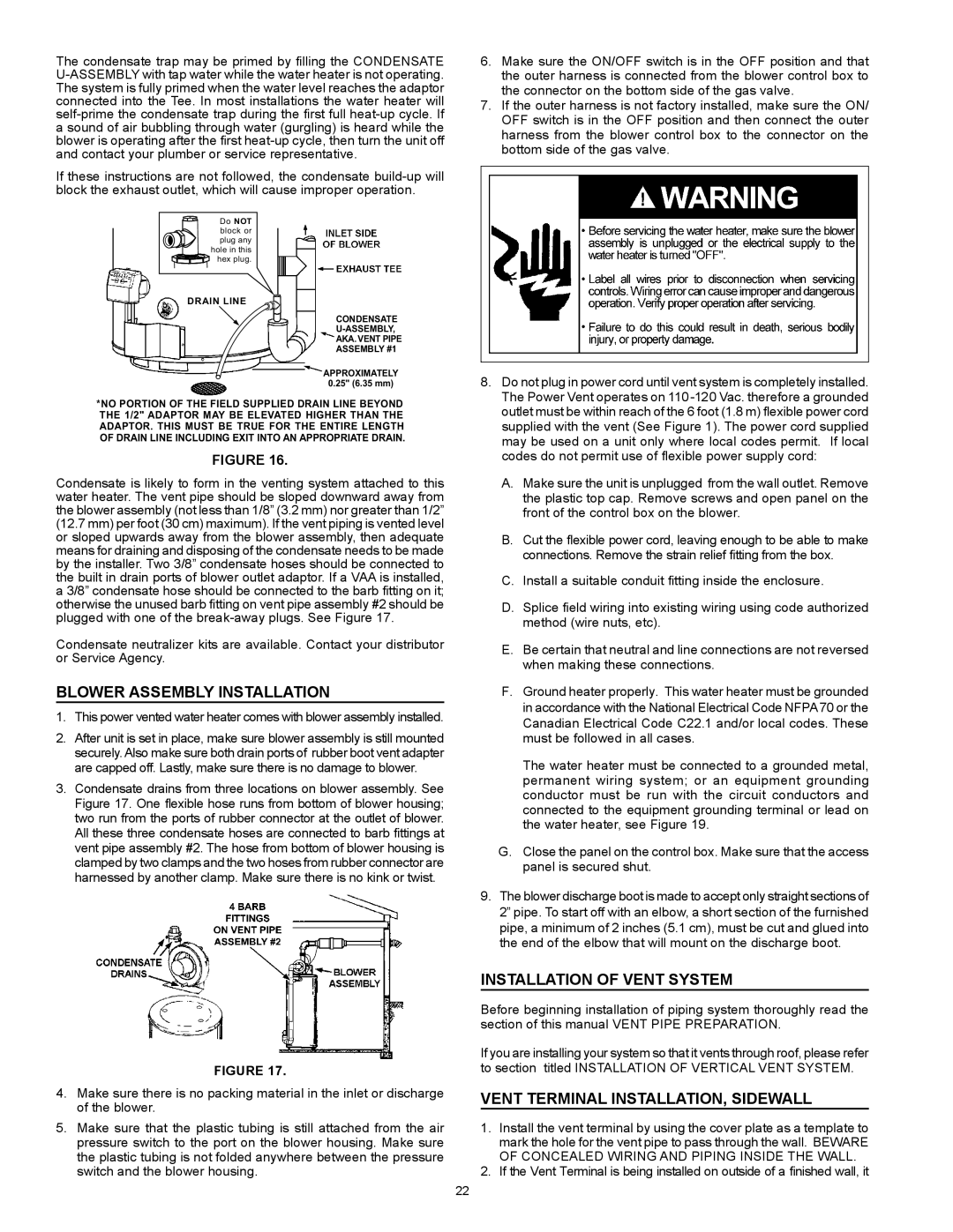 State Industries SHE 50 76N instruction manual Blower Assembly Installation, Installation of Vent System 