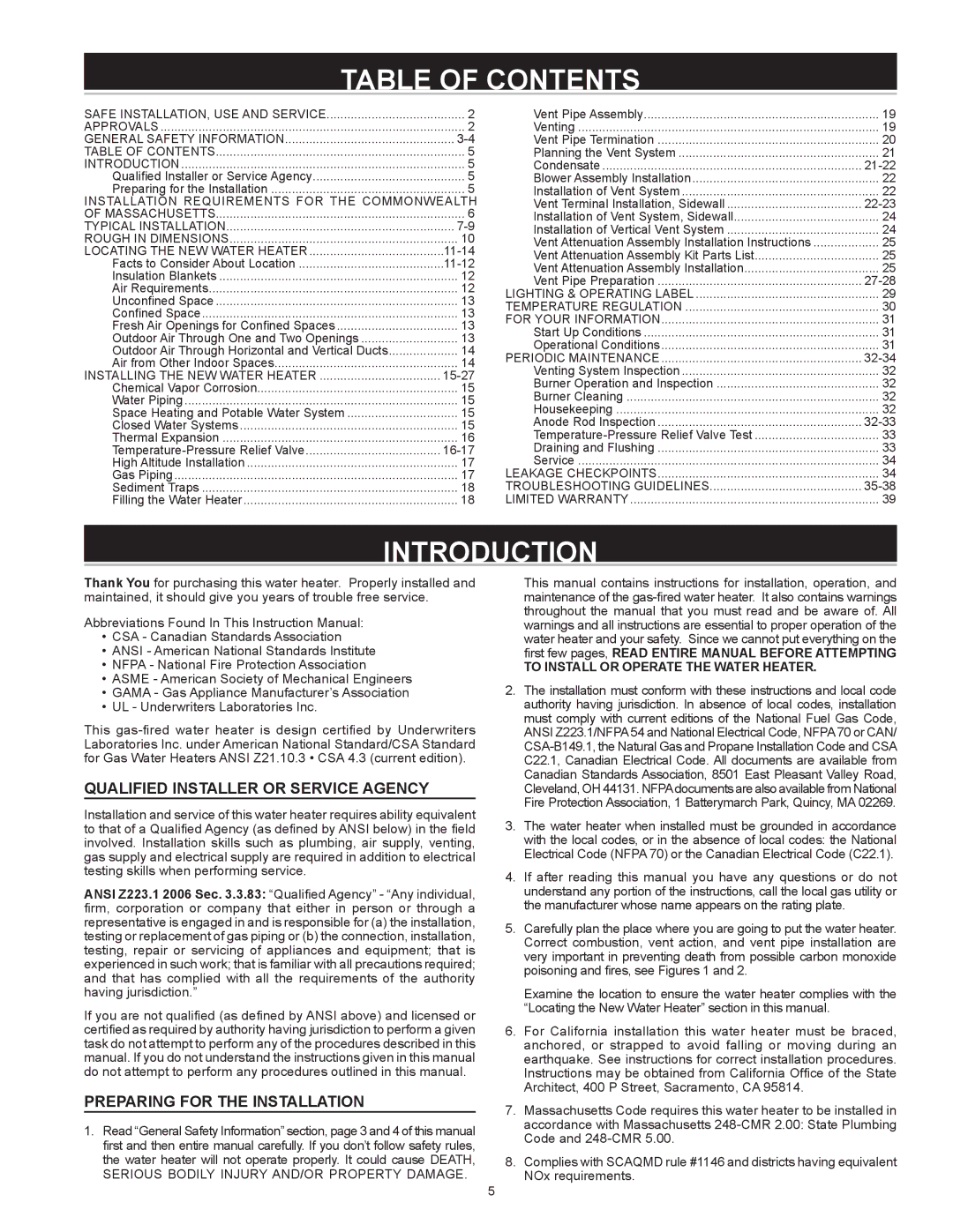 State Industries SHE 50 76N instruction manual Table of Contents, Introduction 