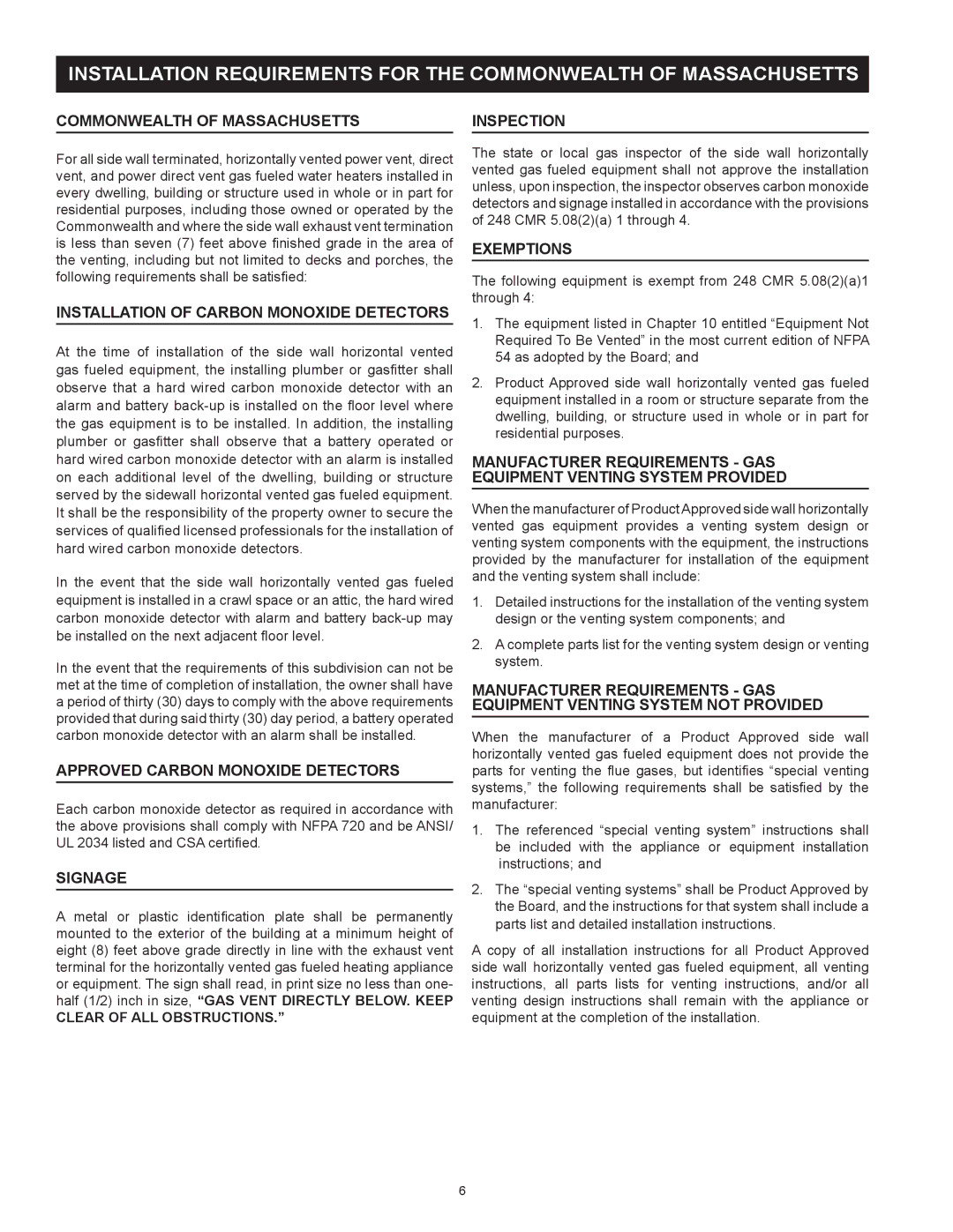 State Industries SHE 50 76N Installation of Carbon Monoxide Detectors, Approved Carbon Monoxide Detectors, Signage 