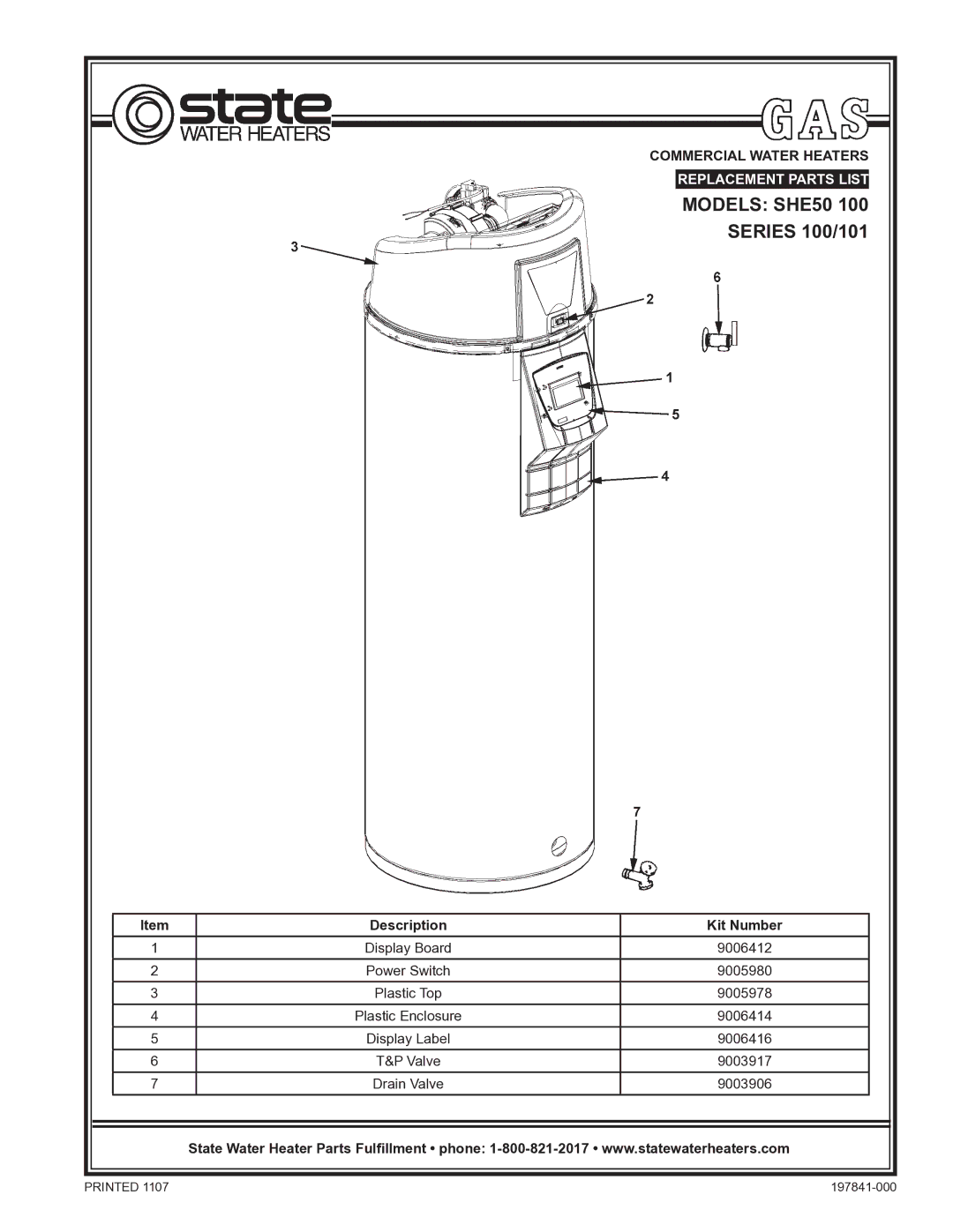 State Industries SHE50 100 manual Models SHE50, Description Kit Number, Valve 