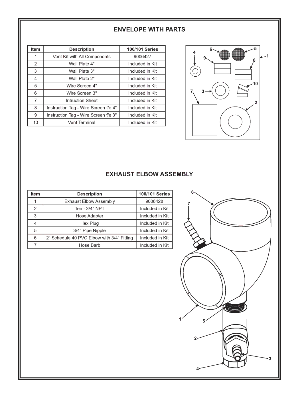 State Industries SHE50 100 manual Exhaust Elbow Assembly, Description, Wire Screen, Tee 3/4 NPT, Hex Plug 