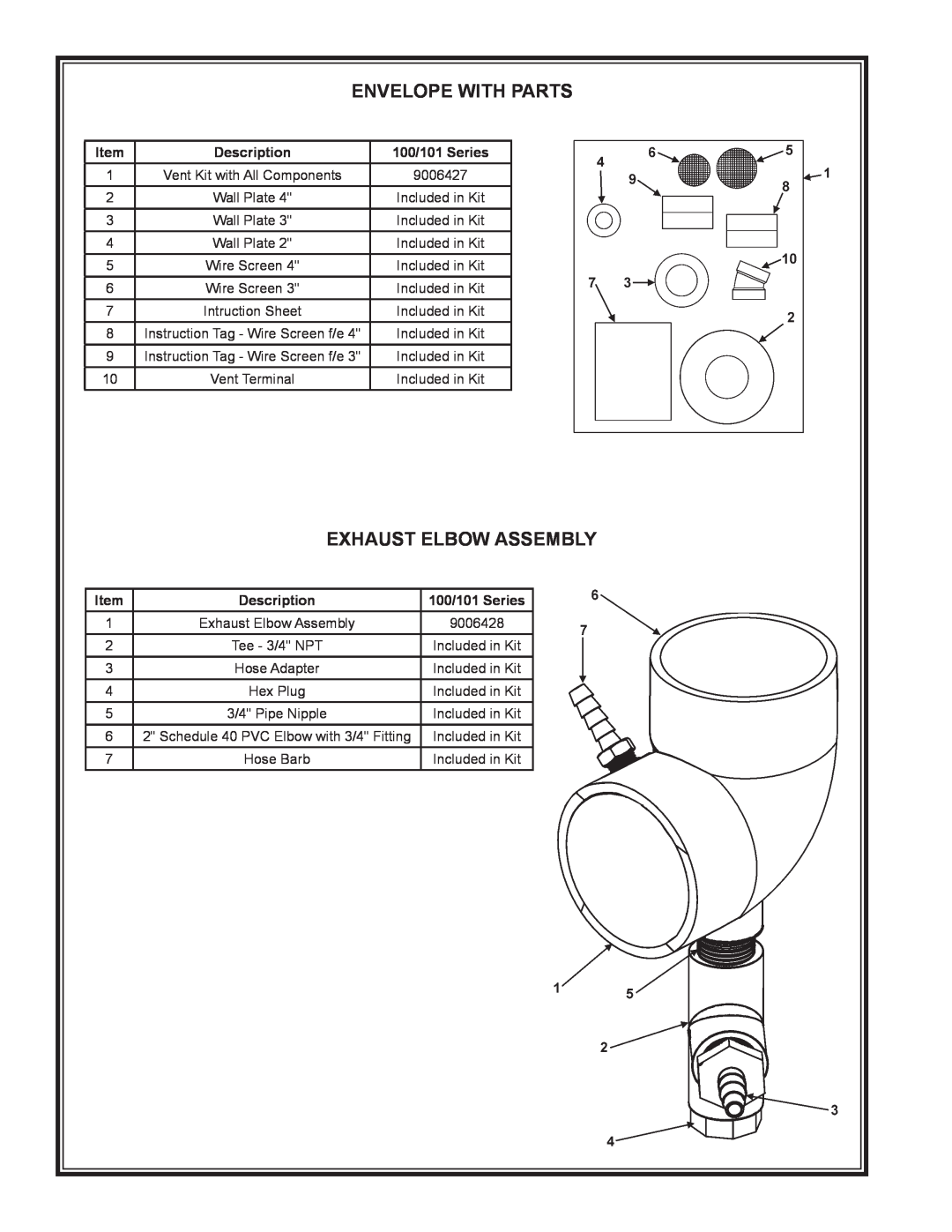 State Industries SHE50 100 manual Exhaust Elbow Assembly, Envelope With Parts, Description, 100/101 Series 