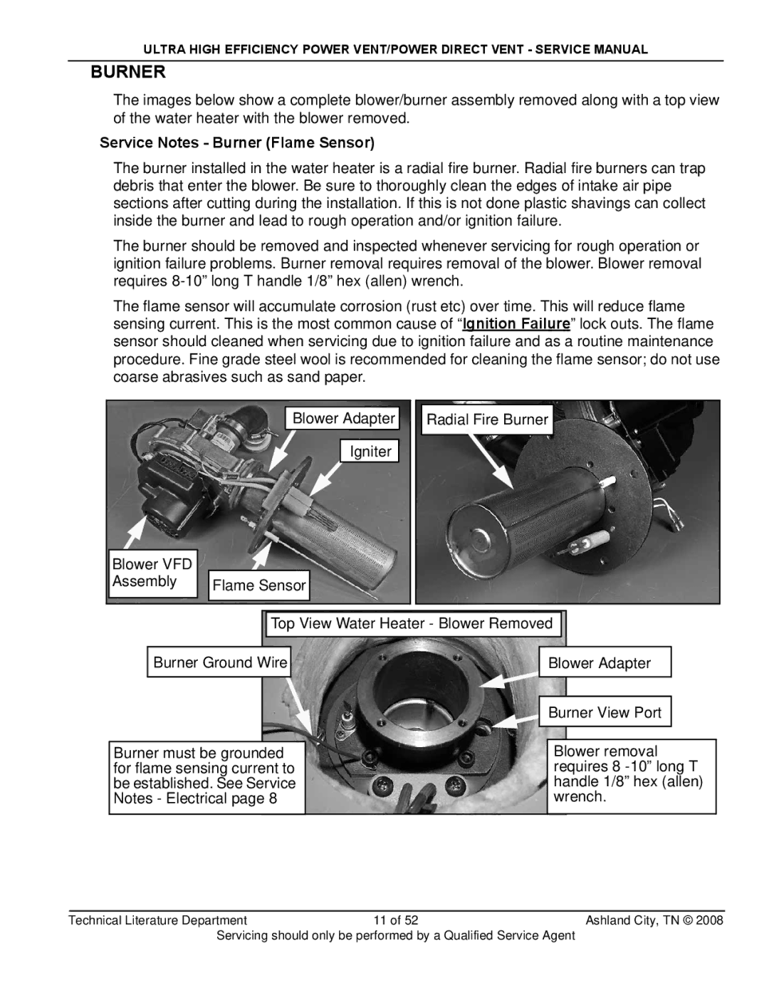 State Industries SHE50-100PE, SHE50-100NE, GP650HTPDT manual Service Notes Burner Flame Sensor 