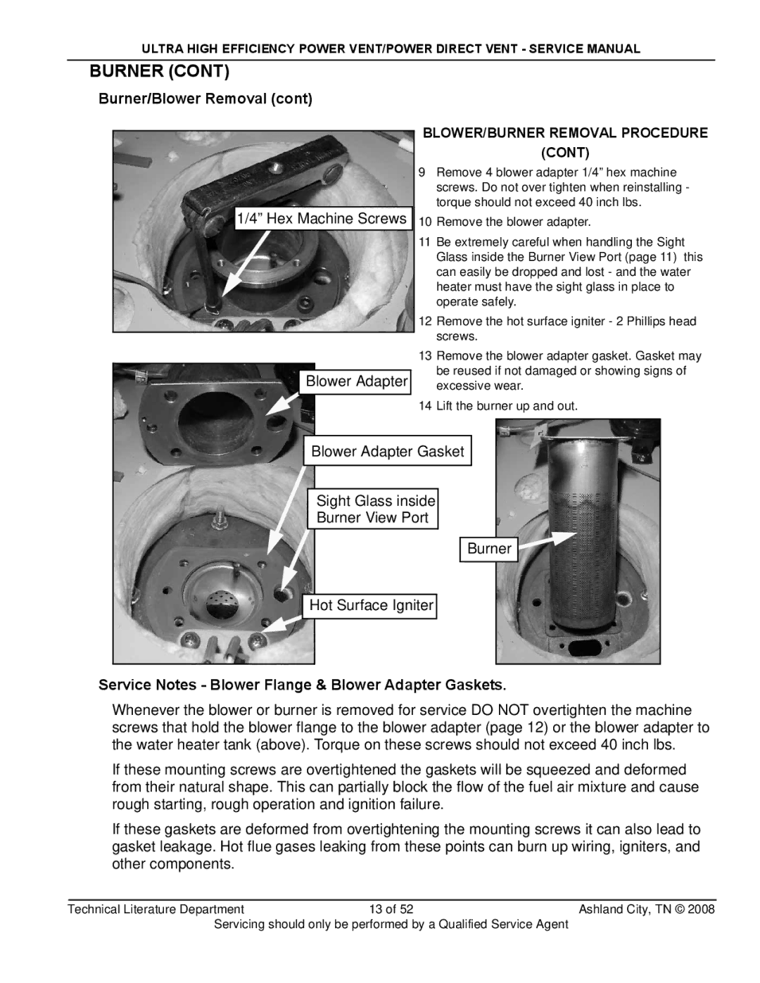 State Industries GP650HTPDT, SHE50-100PE manual Burner/Blower Removal, Service Notes Blower Flange & Blower Adapter Gaskets 