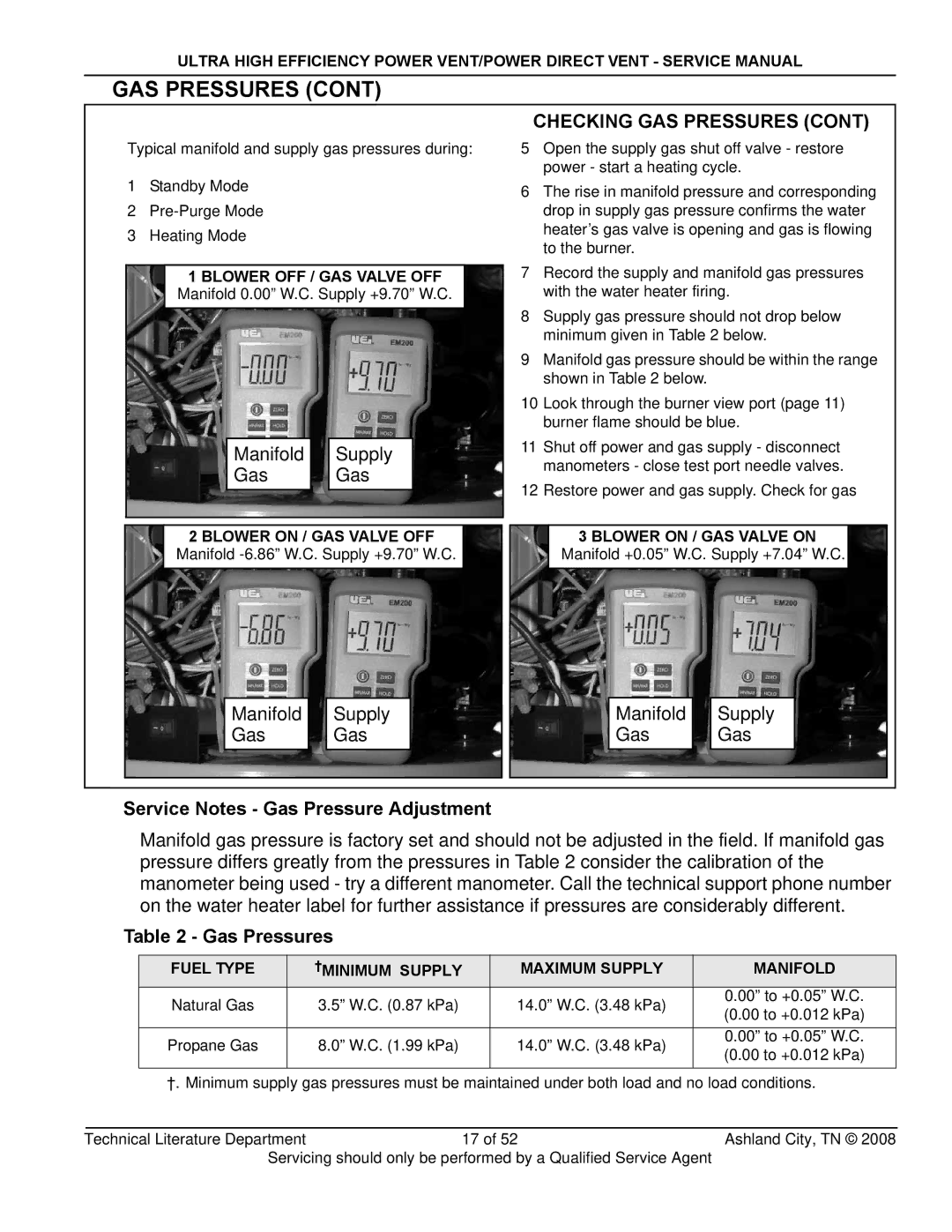 State Industries SHE50-100PE, SHE50-100NE, GP650HTPDT GAS Pressures, Service Notes Gas Pressure Adjustment, Gas Pressures 
