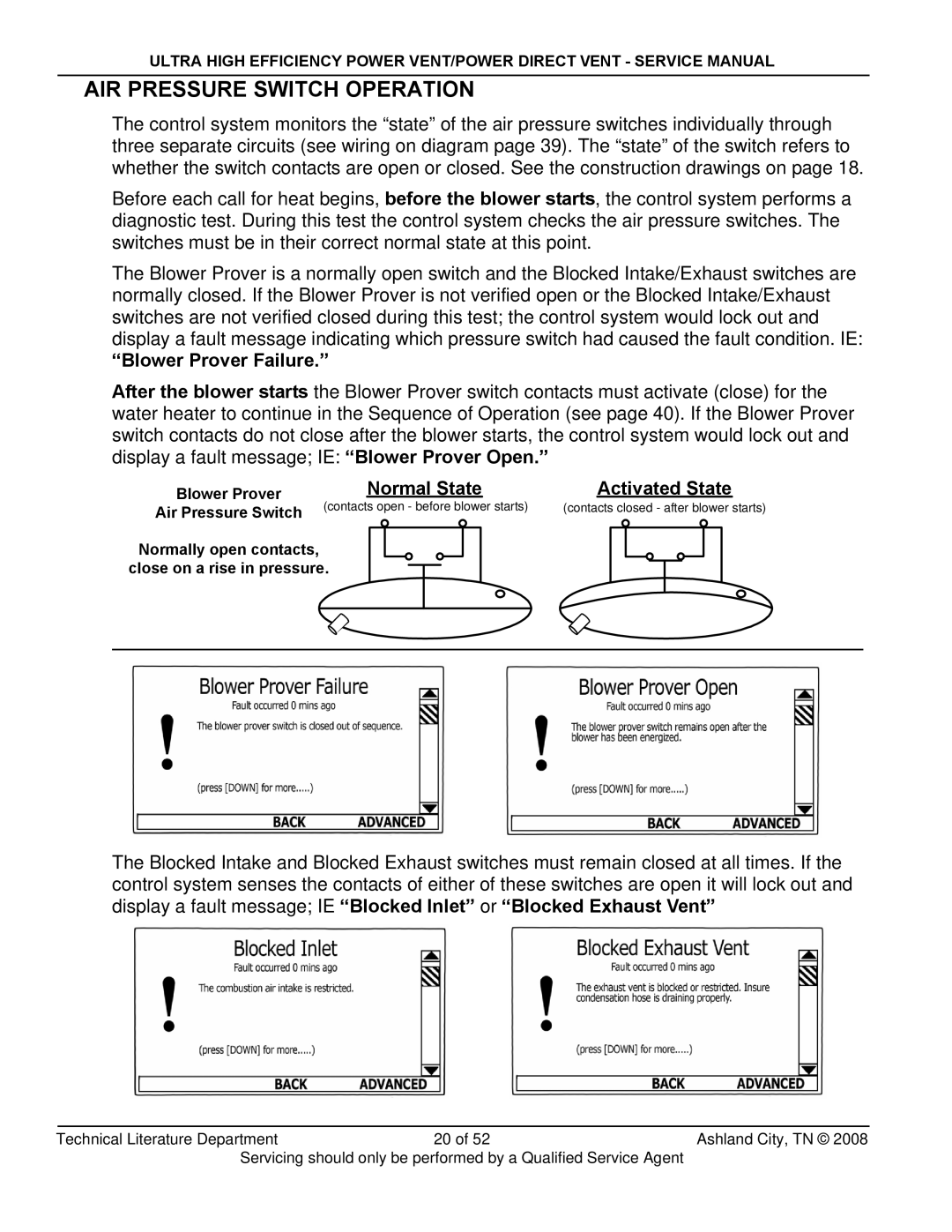 State Industries SHE50-100PE, SHE50-100NE, GP650HTPDT manual AIR Pressure Switch Operation, Blower Prover Failure 