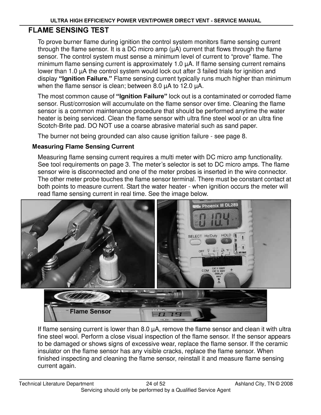 State Industries SHE50-100NE, SHE50-100PE, GP650HTPDT Flame Sensing Test, Measuring Flame Sensing Current, Flame Sensor 