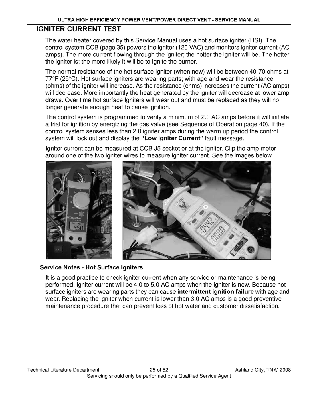 State Industries GP650HTPDT, SHE50-100PE, SHE50-100NE manual Igniter Current Test, Service Notes Hot Surface Igniters 