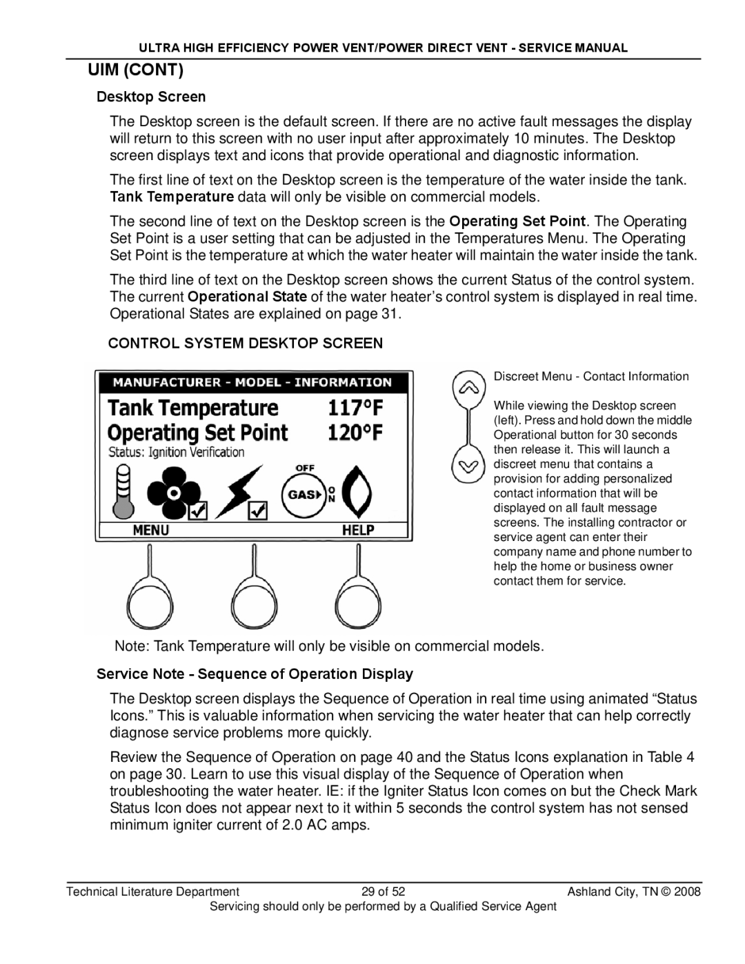 State Industries SHE50-100PE, SHE50-100NE, GP650HTPDT manual Desktop Screen, Service Note Sequence of Operation Display 