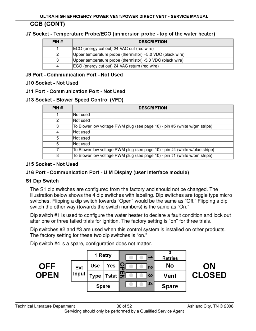 State Industries SHE50-100PE, SHE50-100NE, GP650HTPDT manual Retry, Ext Use Yes Input Type Tstat Open 