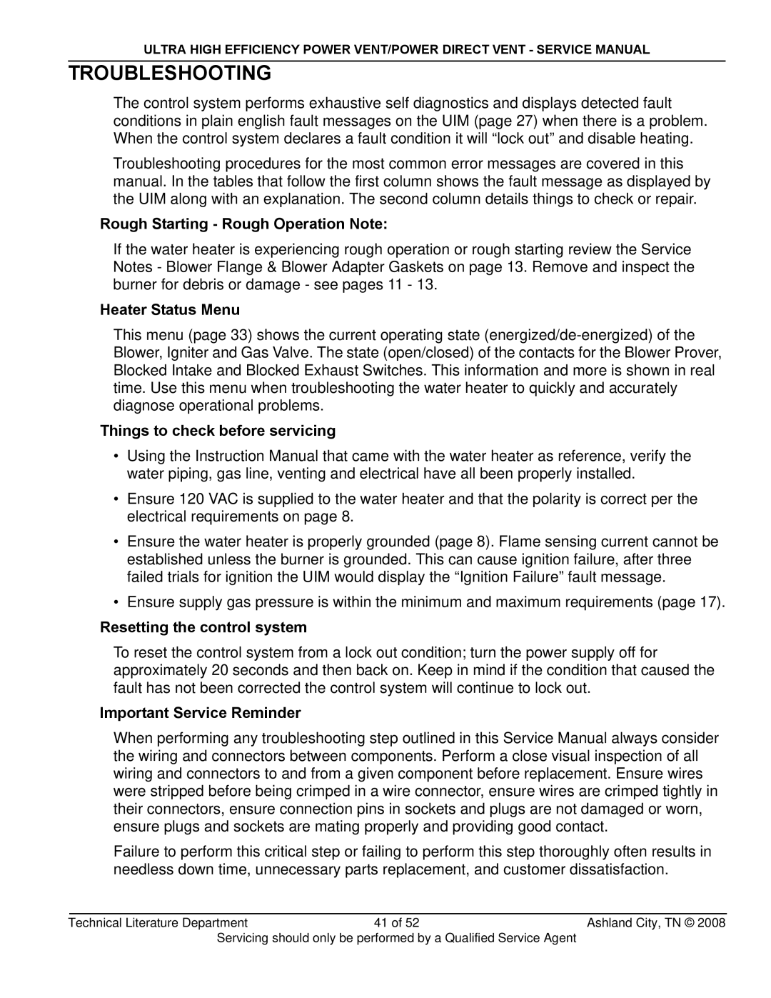 State Industries SHE50-100PE Rough Starting Rough Operation Note, Heater Status Menu, Things to check before servicing 