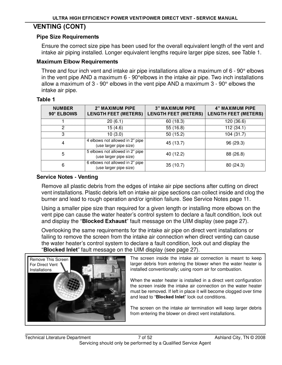 State Industries GP650HTPDT, SHE50-100PE manual Pipe Size Requirements, Maximum Elbow Requirements, Service Notes Venting 