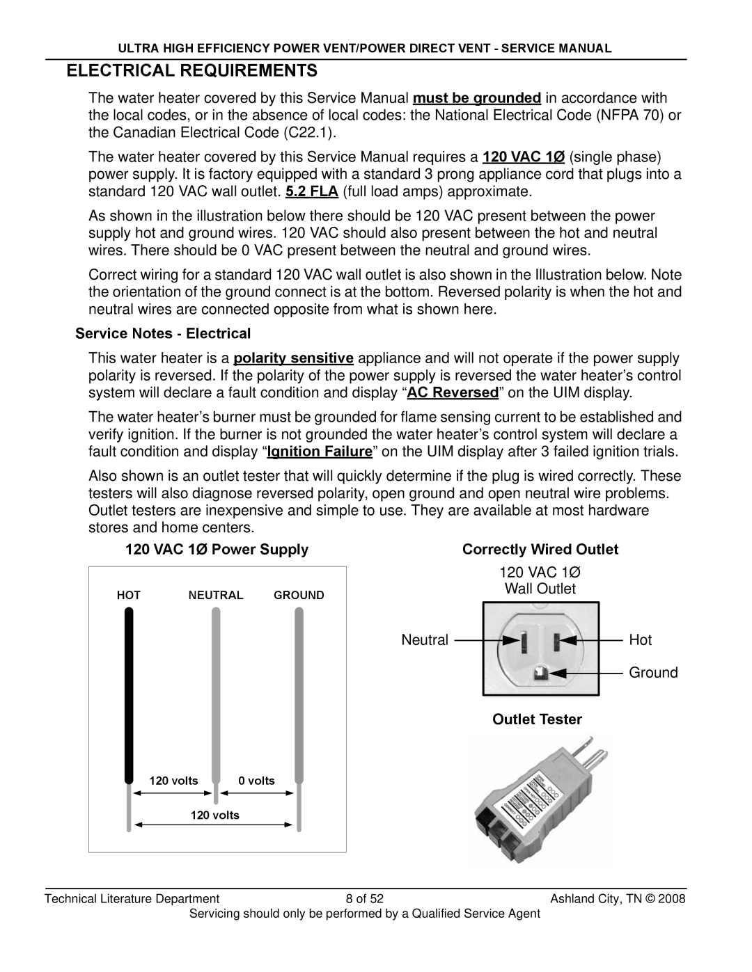 State Industries SHE50-100PE manual Electrical Requirements, Service Notes Electrical, VAC 1Ø Power Supply, Outlet Tester 