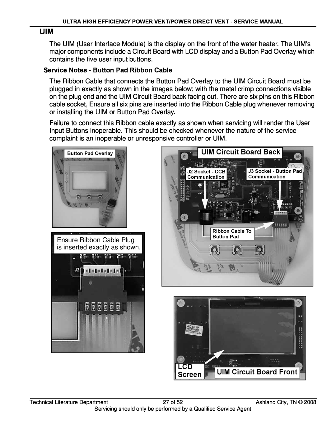 State Industries SHE50-100NE, SHE50-100PE, GP650HTPDT manual UIM Circuit Board Back, UIM Circuit Board Front, Screen 