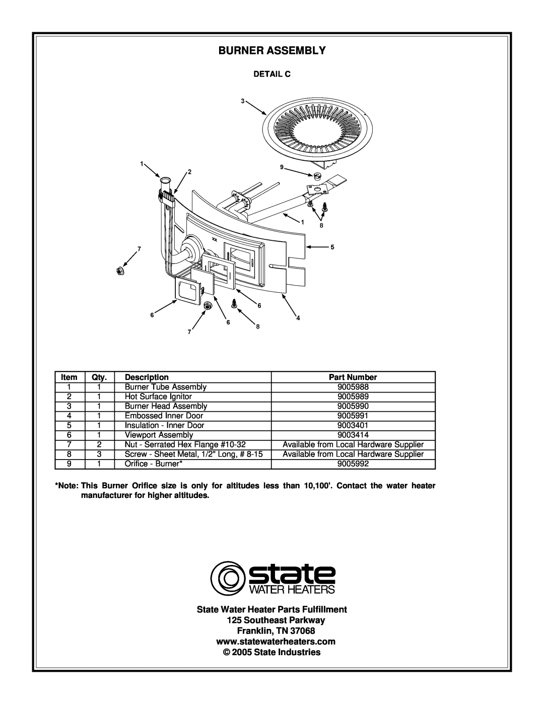 State Industries SHE50 76 manual Burner Assembly, Detail C, State Water Heater Parts Fulfillment 125 Southeast Parkway 