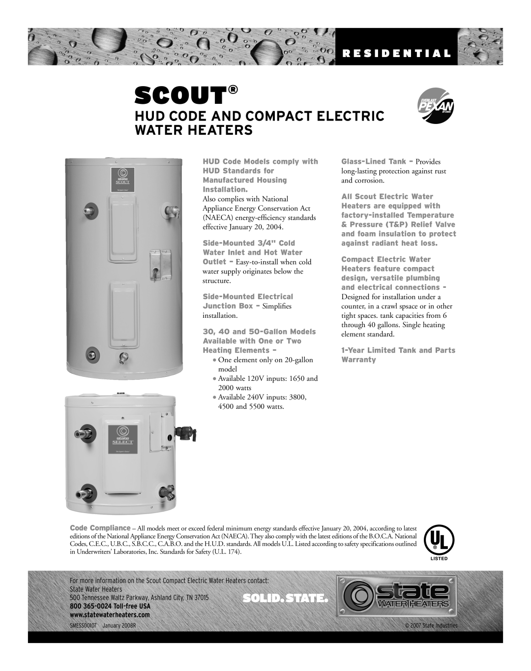 State Industries SMESS00107 warranty Scout, Hud Code And Compact Electric Water Heaters, R E S I D E N T I A L 