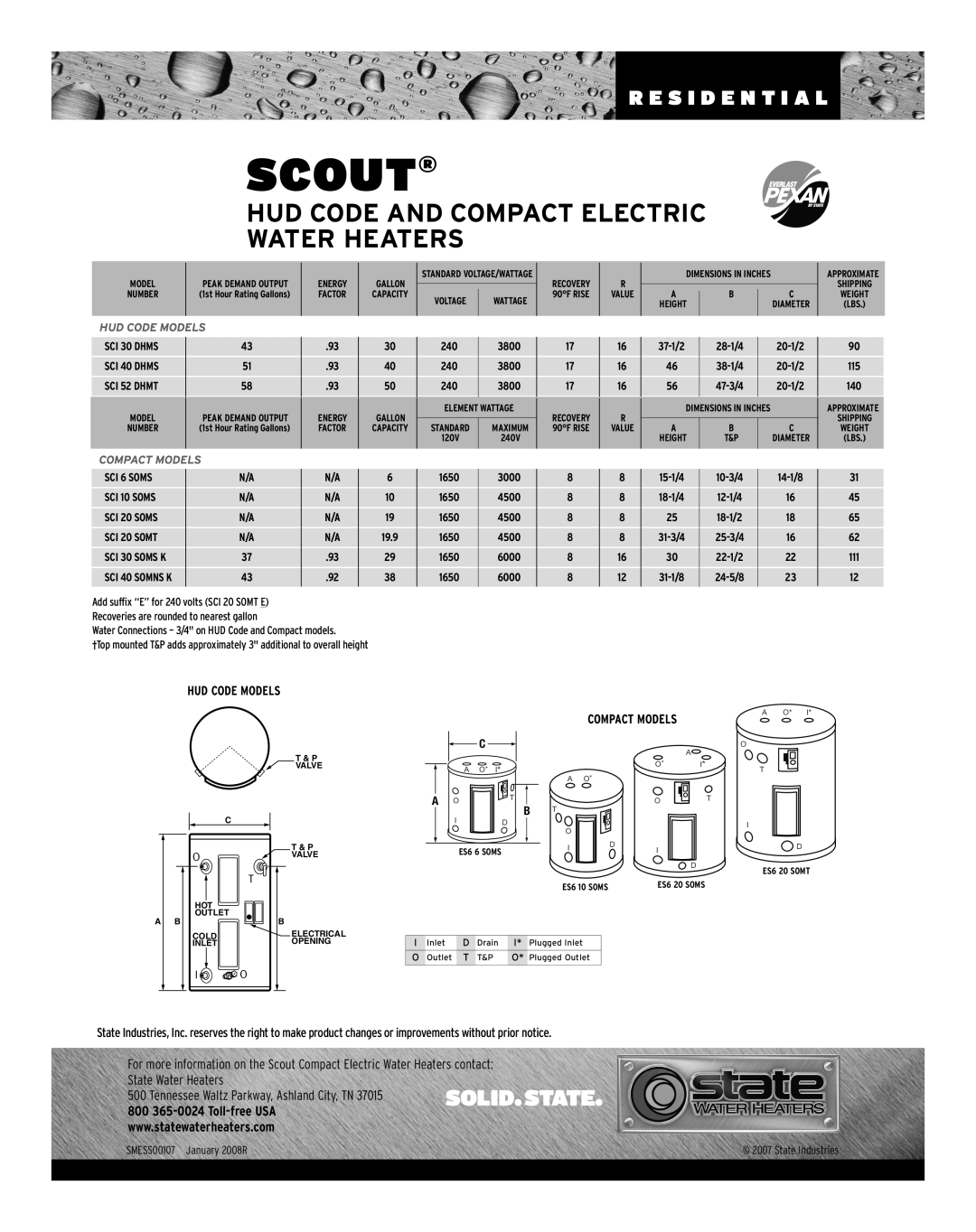 State Industries SMESS00107 Scout, Hud Code And Compact Electric Water Heaters, R E S I D E N T I A L, Hud Code Models 