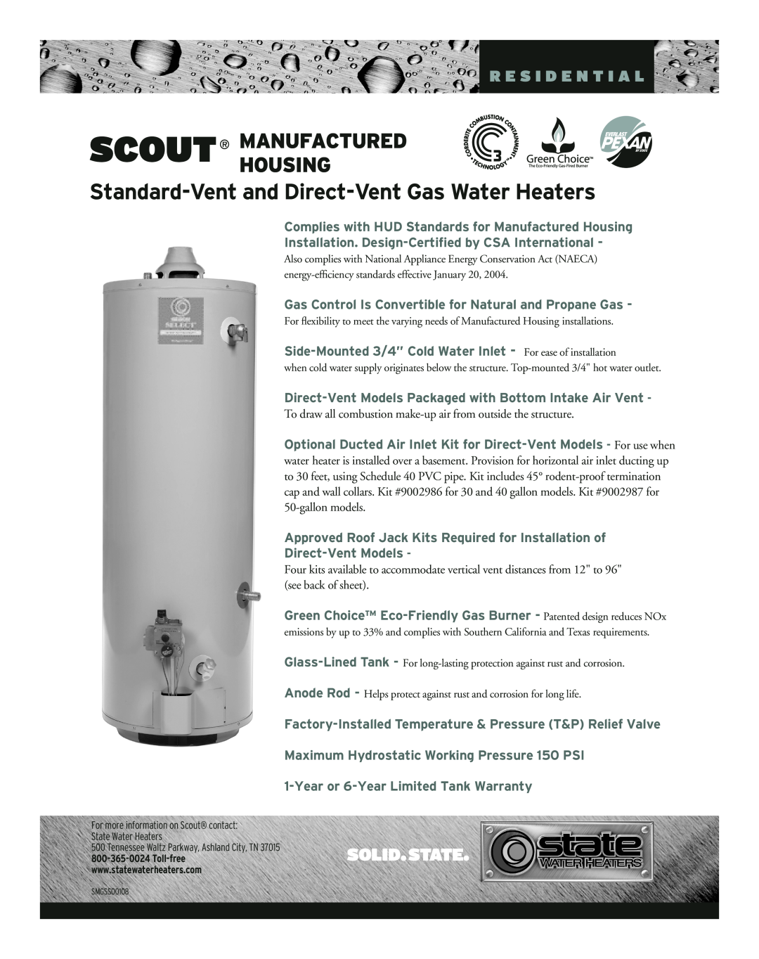 State Industries SMGSS00108 warranty Standard-Vent and Direct-Vent Gas Water Heaters, Scout Manufacturedhousing 