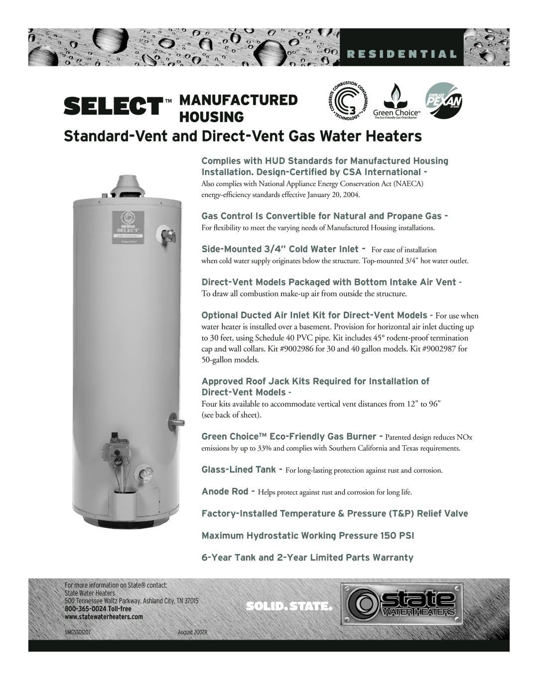 State Industries SMGSS01207 warranty Standard-Vent and Direct-Vent Gas Water Heaters 