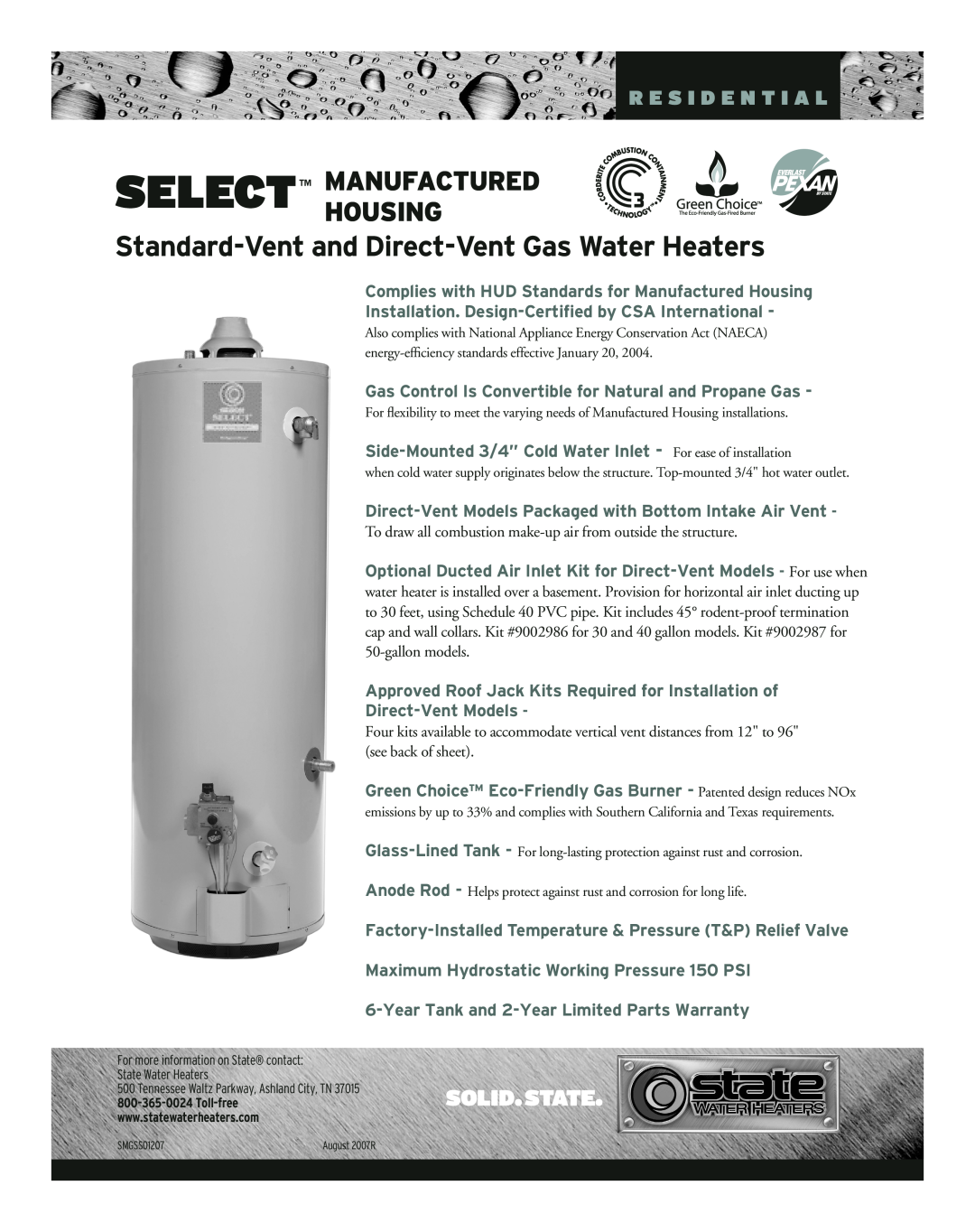 State Industries SMGSS01207 warranty Standard-Vent and Direct-Vent Gas Water Heaters, Select Manufacturedhousing 