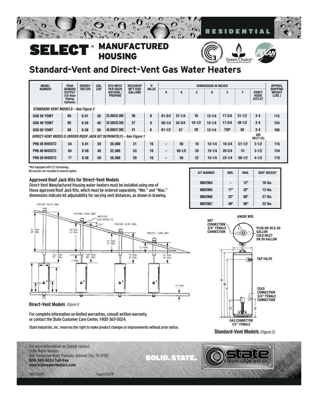 State Industries SMGSS01207 warranty Select Manufacturedhousing, Standard-Vent and Direct-Vent Gas Water Heaters 