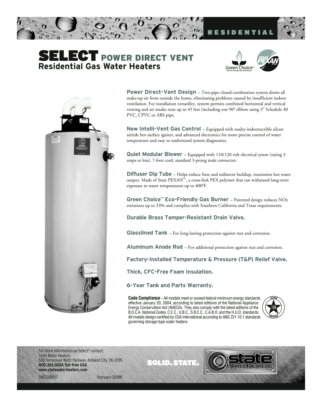 State Industries SRGSS00107 warranty Select Power Direct Vent, Residential Gas Water Heaters, R E S I D E N T I A L 
