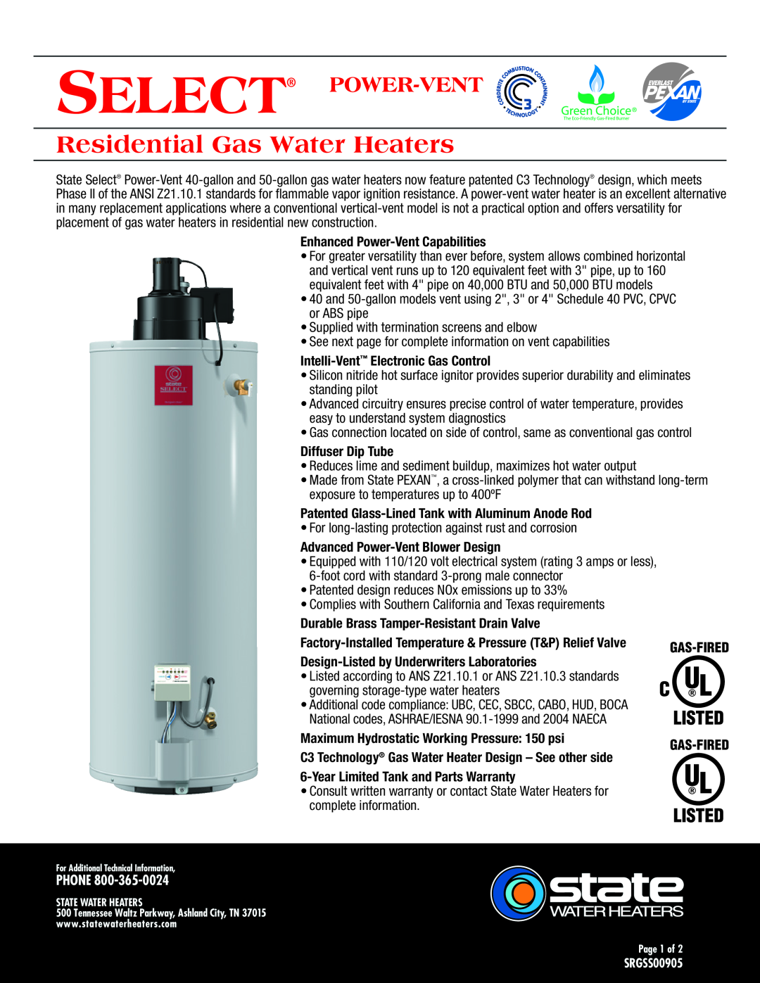 State Industries SRGSS00905 warranty Residential Gas Water Heaters, Select Power-Vent, Phone 
