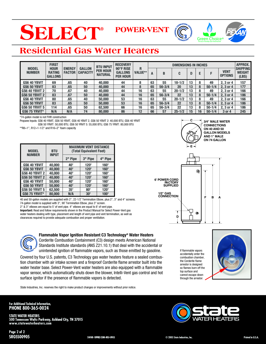 State Industries SRGSS00905 Residential Gas Water Heaters, Select Power-Vent, Phone, First, Btu Input, Recovery, Page 2 of 