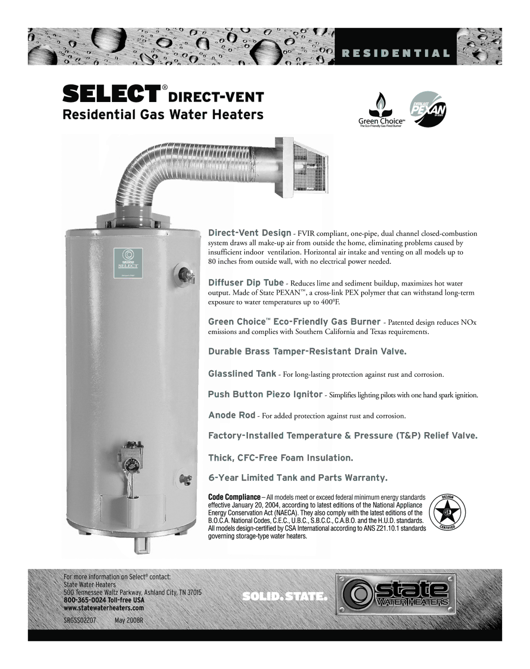 State Industries SRGSS02207 warranty Select DIRECT-VENT, Residential Gas Water Heaters 