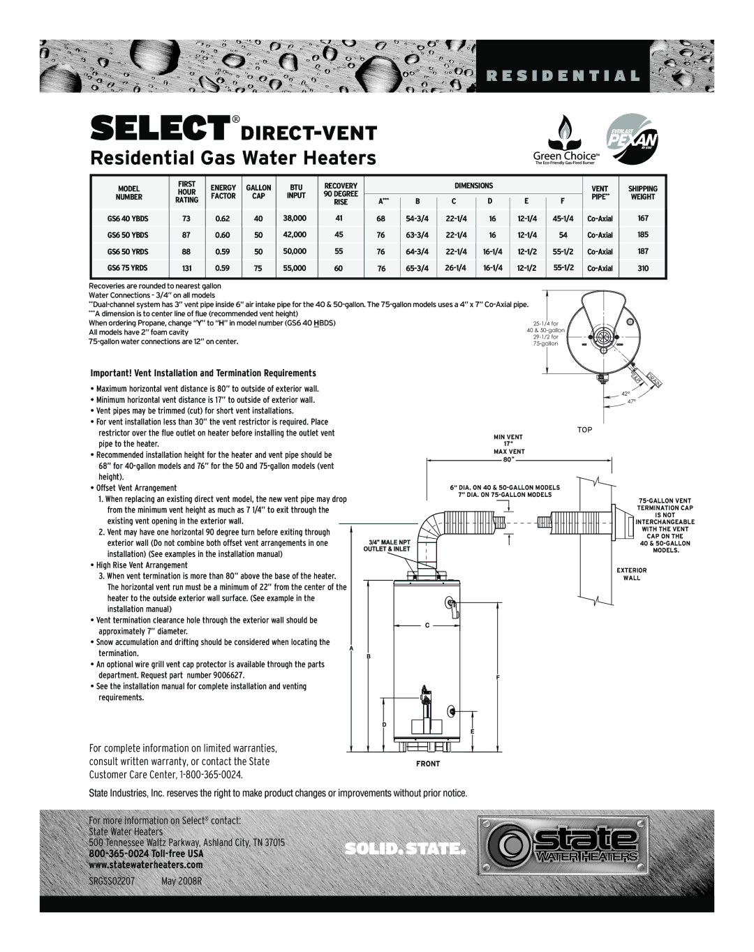 State Industries SRGSS02207 warranty Important! Vent Installation and Termination Requirements 