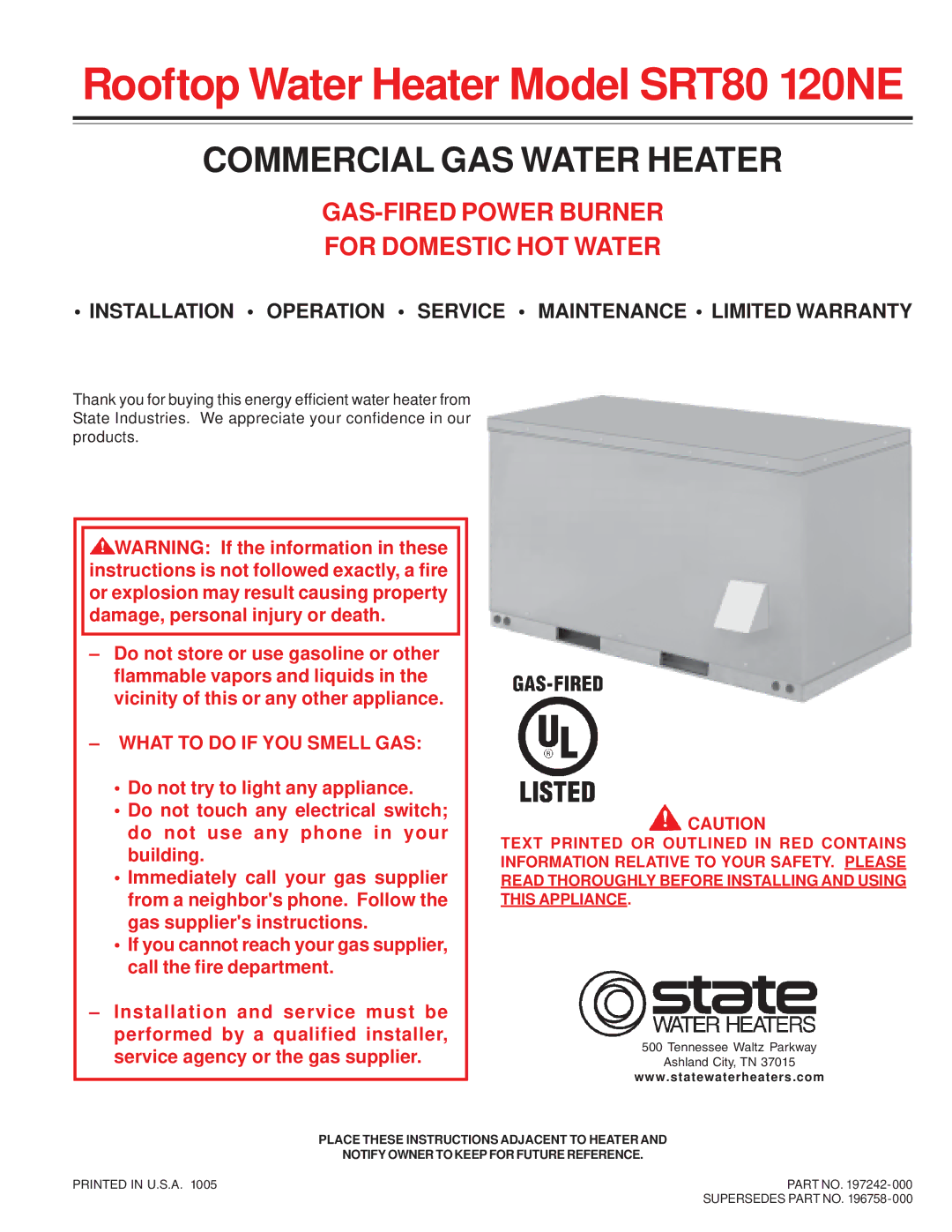 State Industries warranty Rooftop Water Heater Model SRT80 120NE 