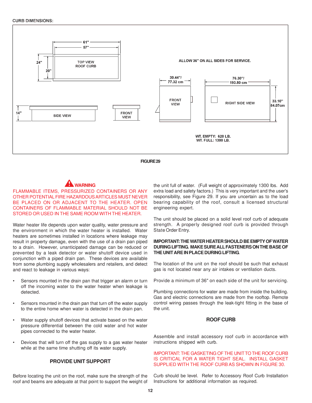 State Industries SRT80 120NE warranty Provide Unit Support, Roof Curb 