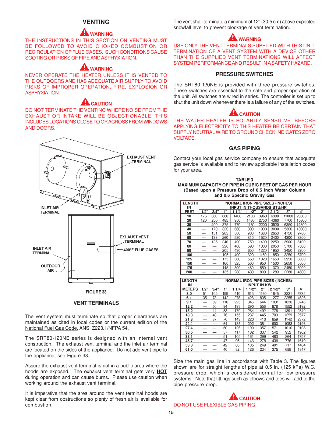 State Industries SRT80 120NE warranty Venting, Vent Terminals, Pressure Switches, GAS Piping 