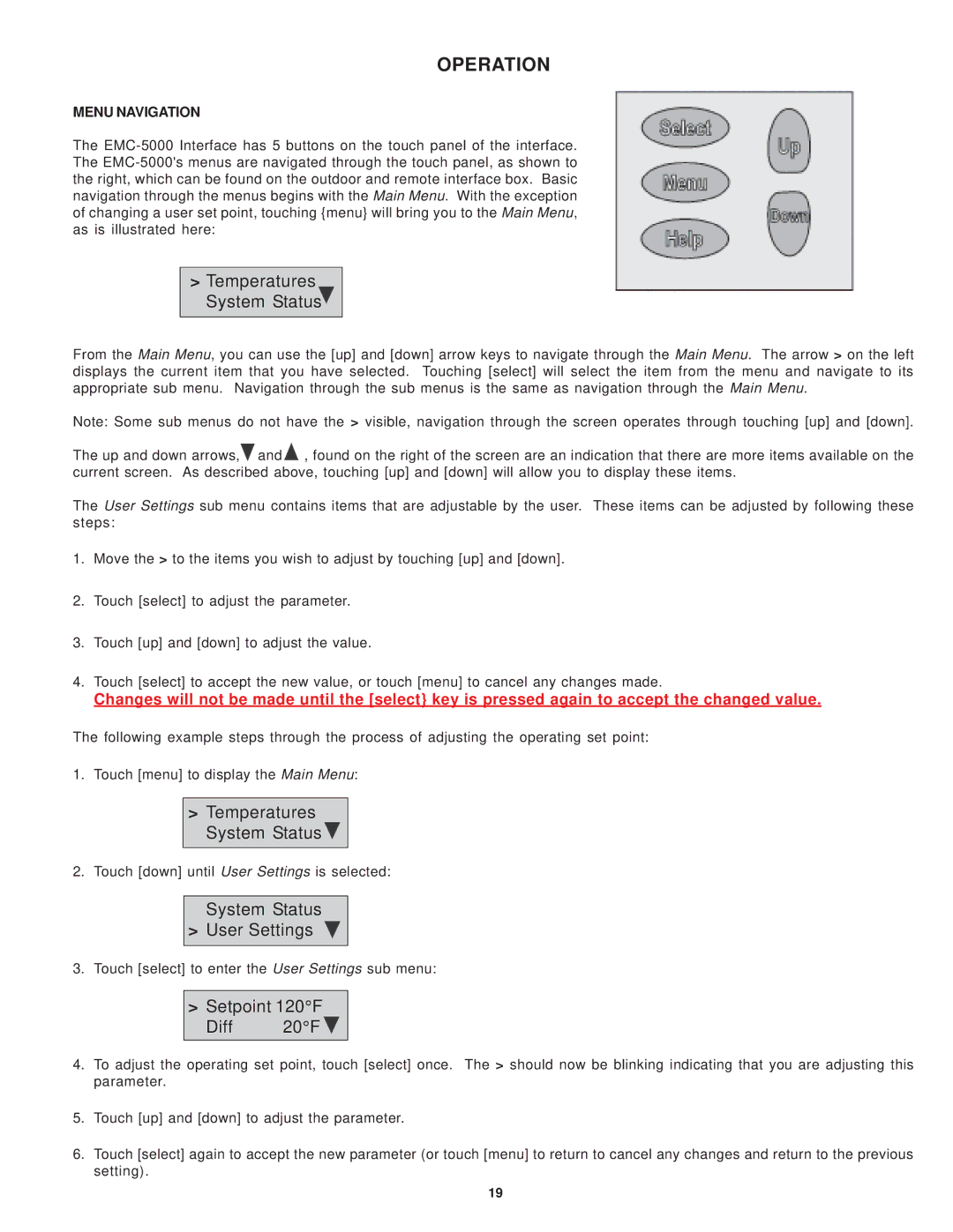 State Industries SRT80 120NE warranty Operation, Menu Navigation 