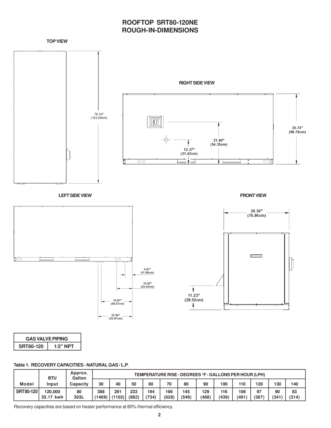 State Industries SRT80 120NE warranty Rooftop SRT80-120NE ROUGH-IN-DIMENSIONS, GAS Valve Piping 