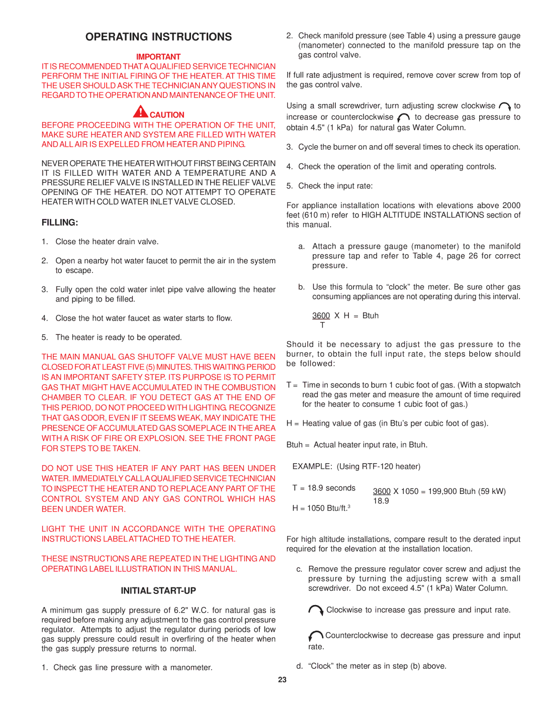 State Industries SRT80 120NE warranty Operating Instructions, Filling, Initial START-UP 