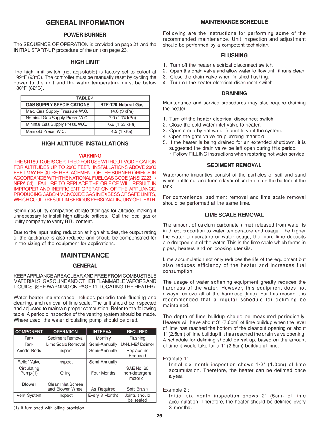 State Industries SRT80 120NE warranty General Information, Maintenance 