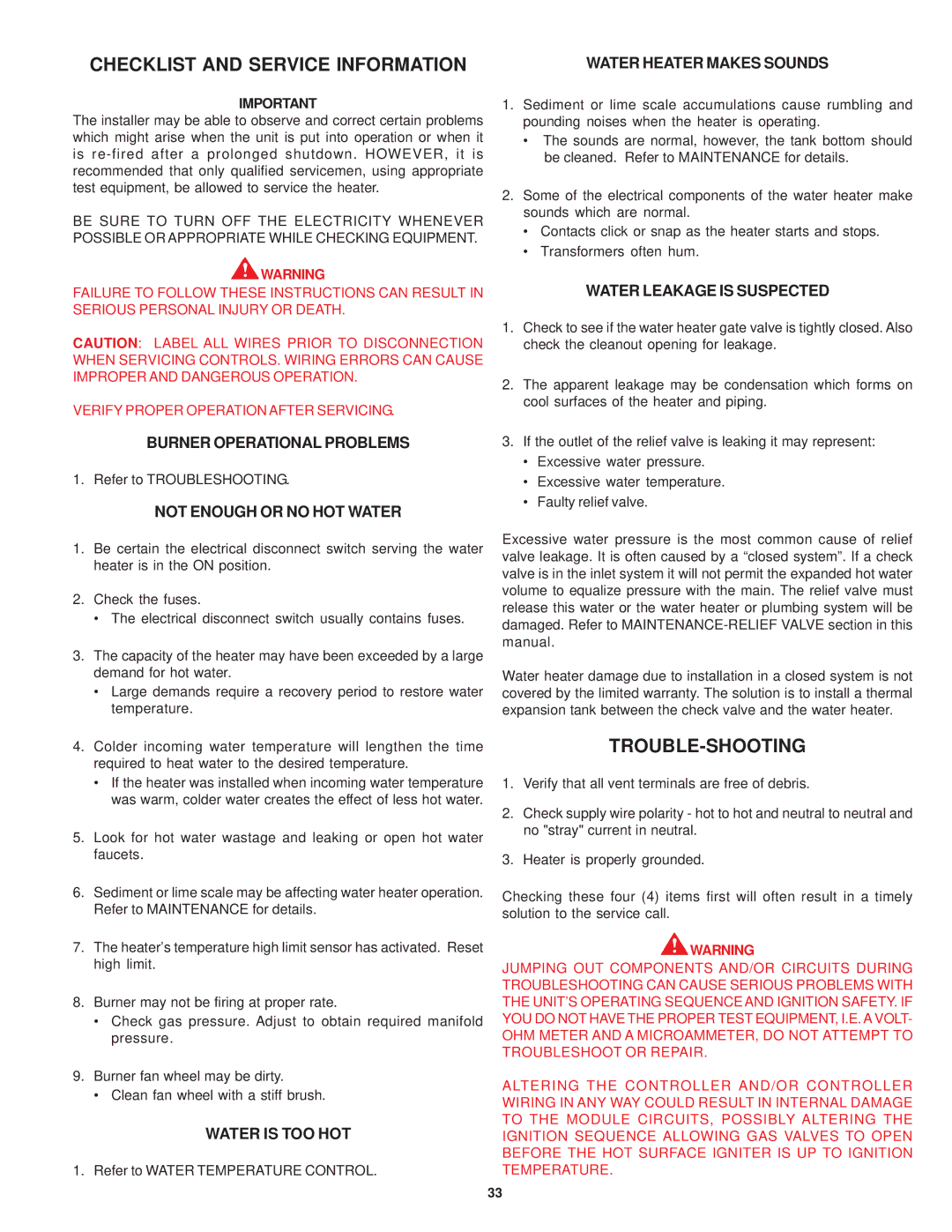 State Industries SRT80 120NE warranty Checklist and Service Information, Trouble-Shooting 