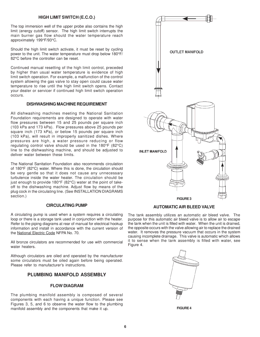 State Industries SRT80 120NE warranty Plumbing Manifold Assembly, High Limit Switch E.C.O, Dishwashing Machine Requirement 