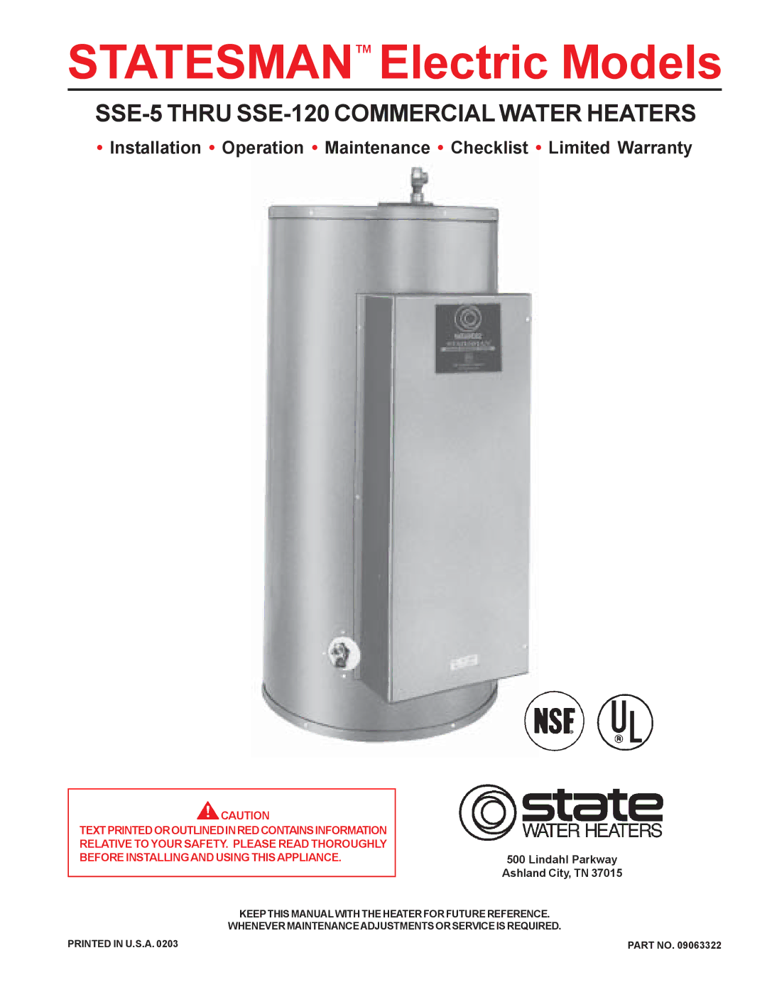 State Industries SSE-120, SSE-5 warranty Statesmantm Electric Models 