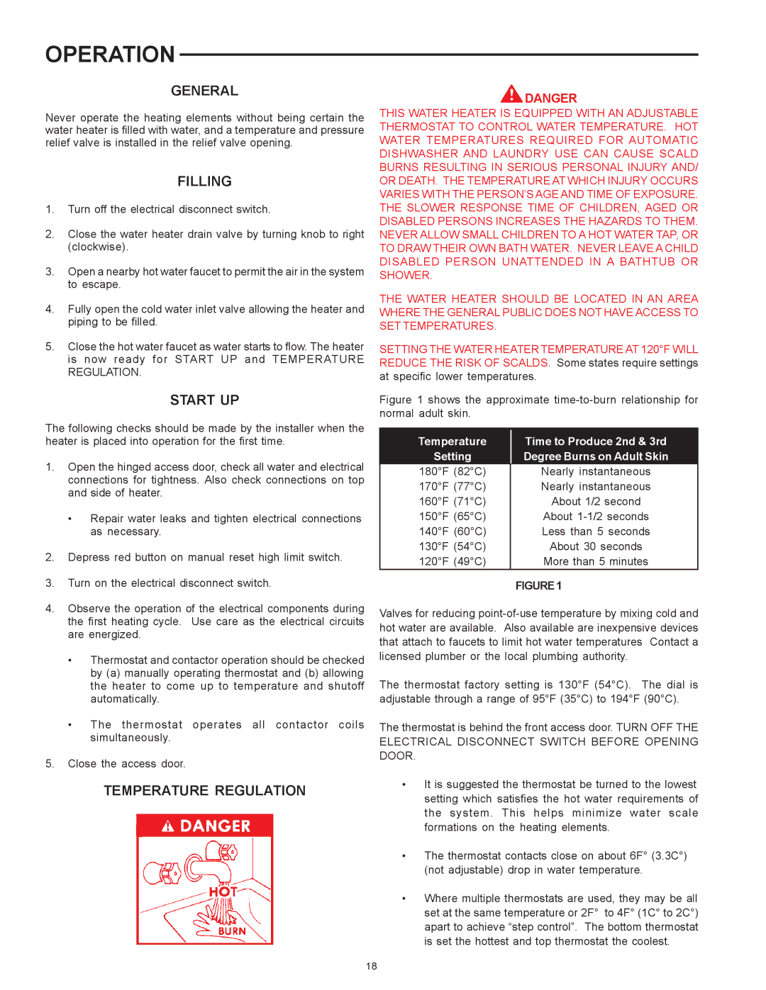 State Industries SSE-5, SSE-120 warranty Operation, Filling, Start UP, Temperature Regulation 