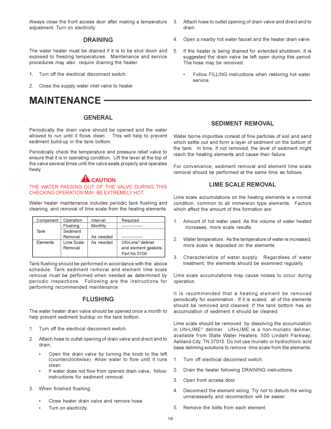 State Industries SSE-120, SSE-5 warranty Maintenance, Draining, Flushing, Sediment Removal, Lime Scale Removal 